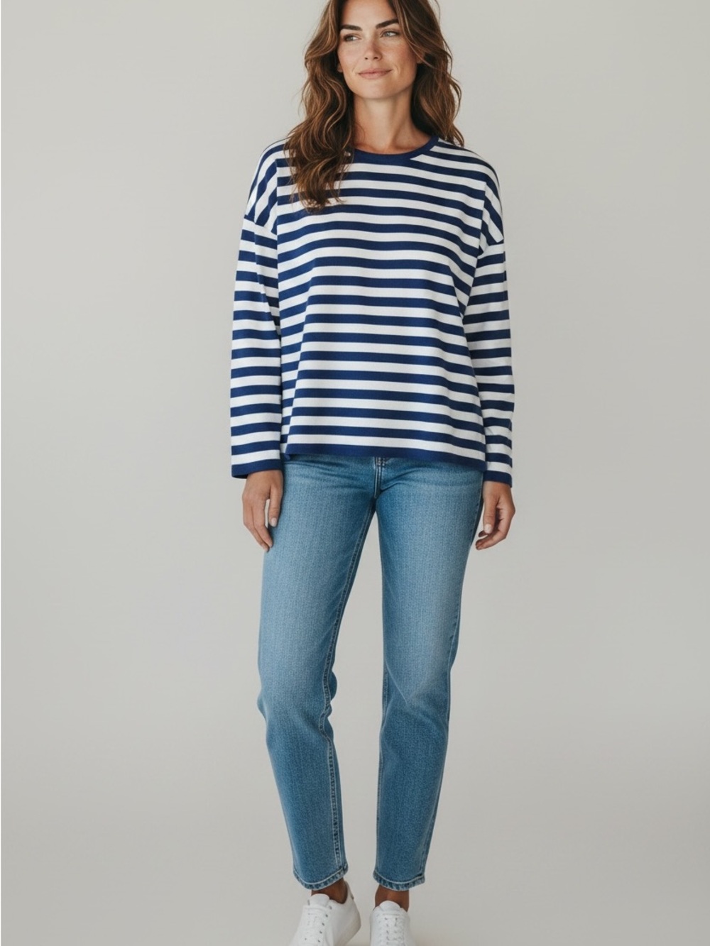 Double Zero Royal Blue & White Striped Long Sleeve Sweater Size Large Oversized